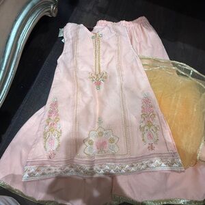 Girls' Embroidered Pink Ethnic Dress with Gold Accents